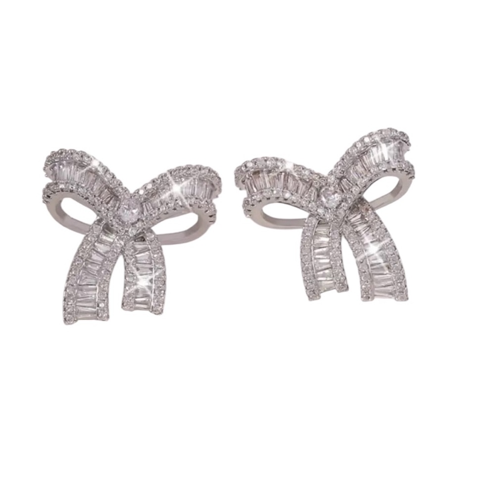 Silver Zircon Bow Earrings - Picture 1 of 2